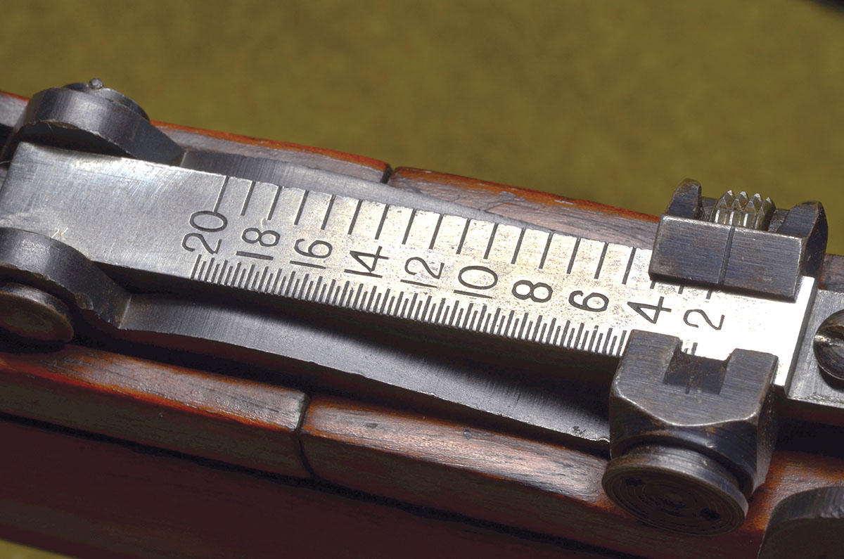 The beautifully machined standard rear sight allowed instant adjustment out to 2,000 yards, with the ability for fine adjustment in between.